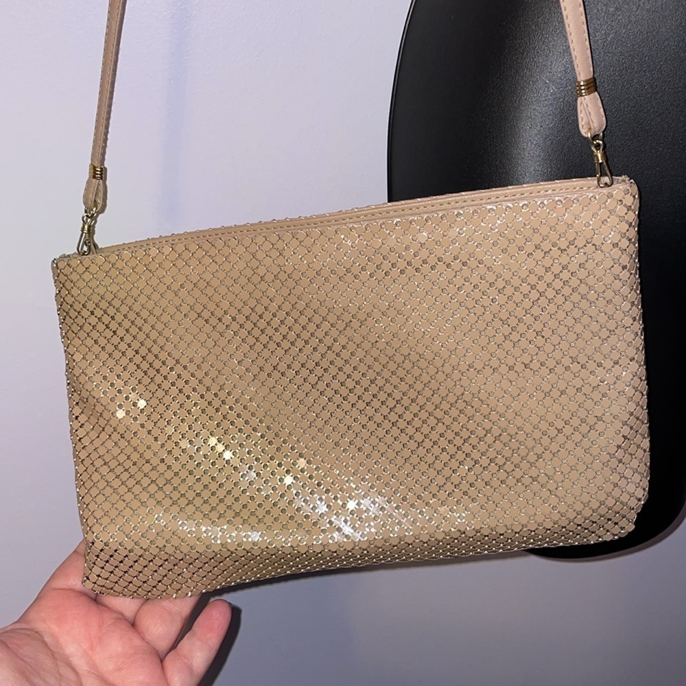 Whiting and Davis International Vintage Tan Metallic Mesh Shoulder Bag Purse